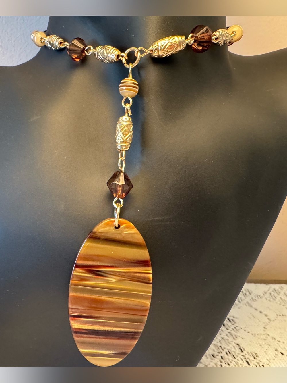 Brown & Gold Tone Beaded Drop Pendant Necklace - Picture 2 of 7